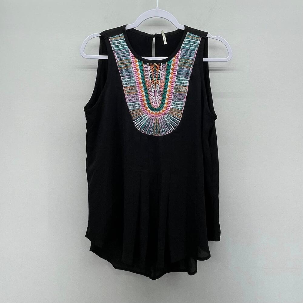 Nine 1‎ Eight Multicolor Embroidered Black Flowly Sleeveless Blouse Style 12002M